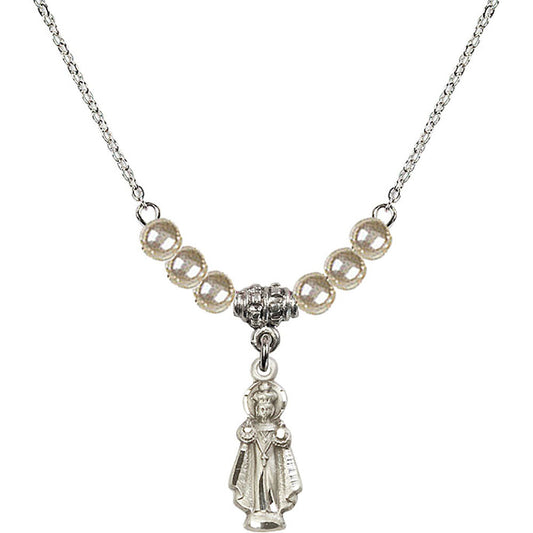 Sterling Silver Infant of Prague Birthstone Necklace with Faux-Pearl Beads - 0823