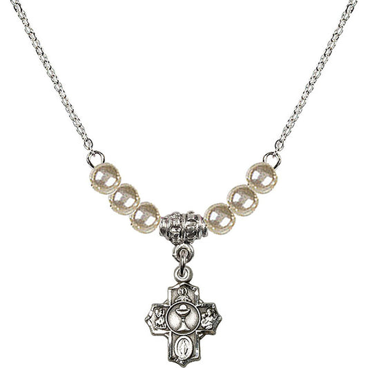 Sterling Silver Communion 5-Way Birthstone Necklace with Faux-Pearl Beads - 0890