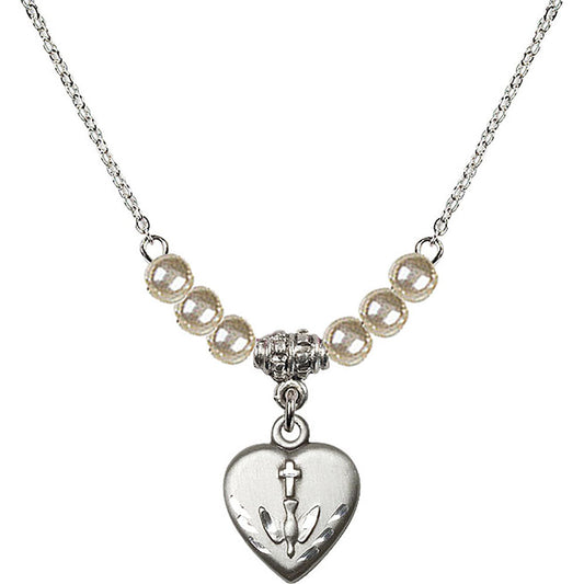 Sterling Silver Heart / Confirmation Birthstone Necklace with Faux-Pearl Beads - 0891