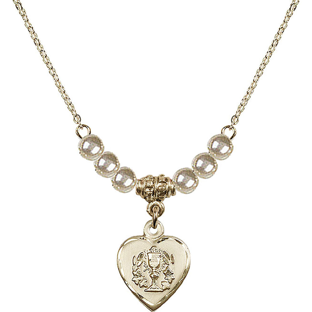 14kt Gold Filled Heart / Communion Birthstone Necklace with Faux-Pearl Beads - 0892