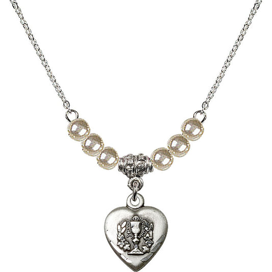 Sterling Silver Heart / Communion Birthstone Necklace with Faux-Pearl Beads - 0892