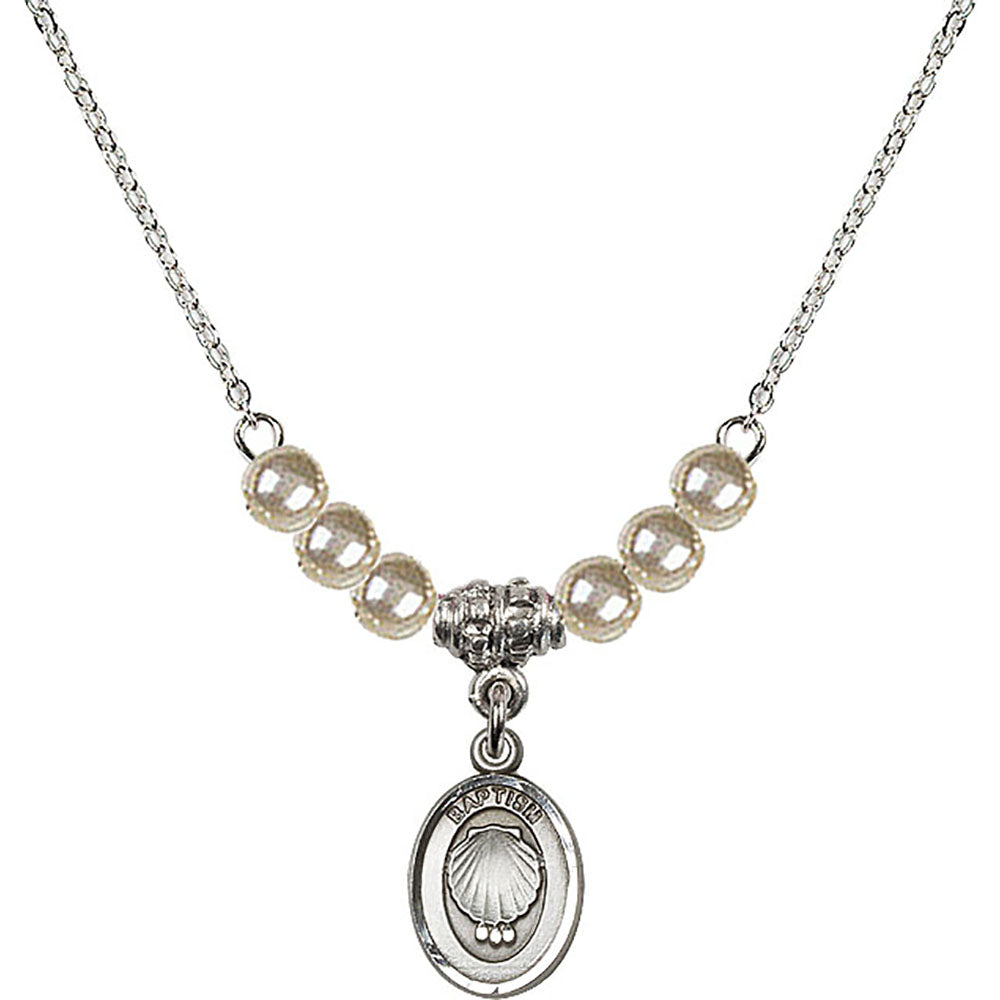 Sterling Silver Baptism Birthstone Necklace with Faux-Pearl Beads - 0974