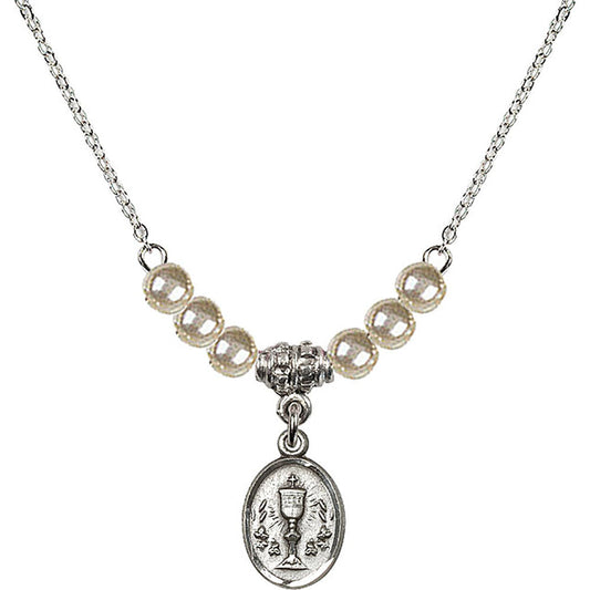 Sterling Silver Chalice Birthstone Necklace with Faux-Pearl Beads - 0975