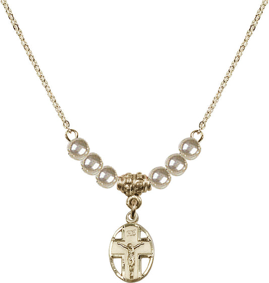 14kt Gold Filled Crucifix Birthstone Necklace with Faux-Pearl Beads - 0978