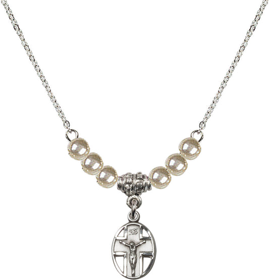 Sterling Silver Crucifix Birthstone Necklace with Faux-Pearl Beads - 0978