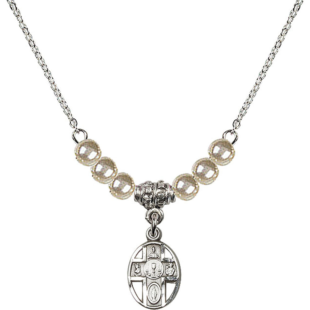 Sterling Silver 5-Way / Chalice Birthstone Necklace with Faux-Pearl Beads - 0979