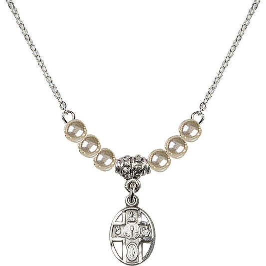 Sterling Silver 5-Way / Chalice Birthstone Necklace with Faux-Pearl Beads - 0979
