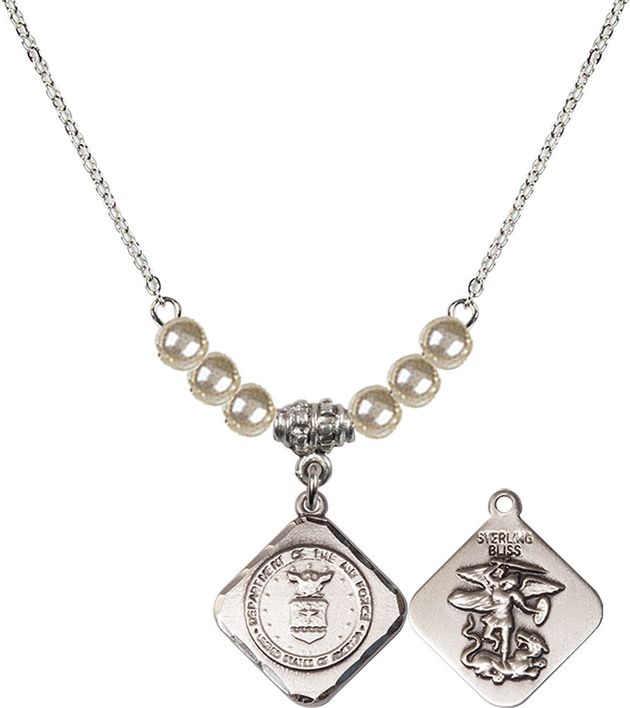 Sterling Silver Air Force Diamond Birthstone Necklace with Faux-Pearl Beads - 1180