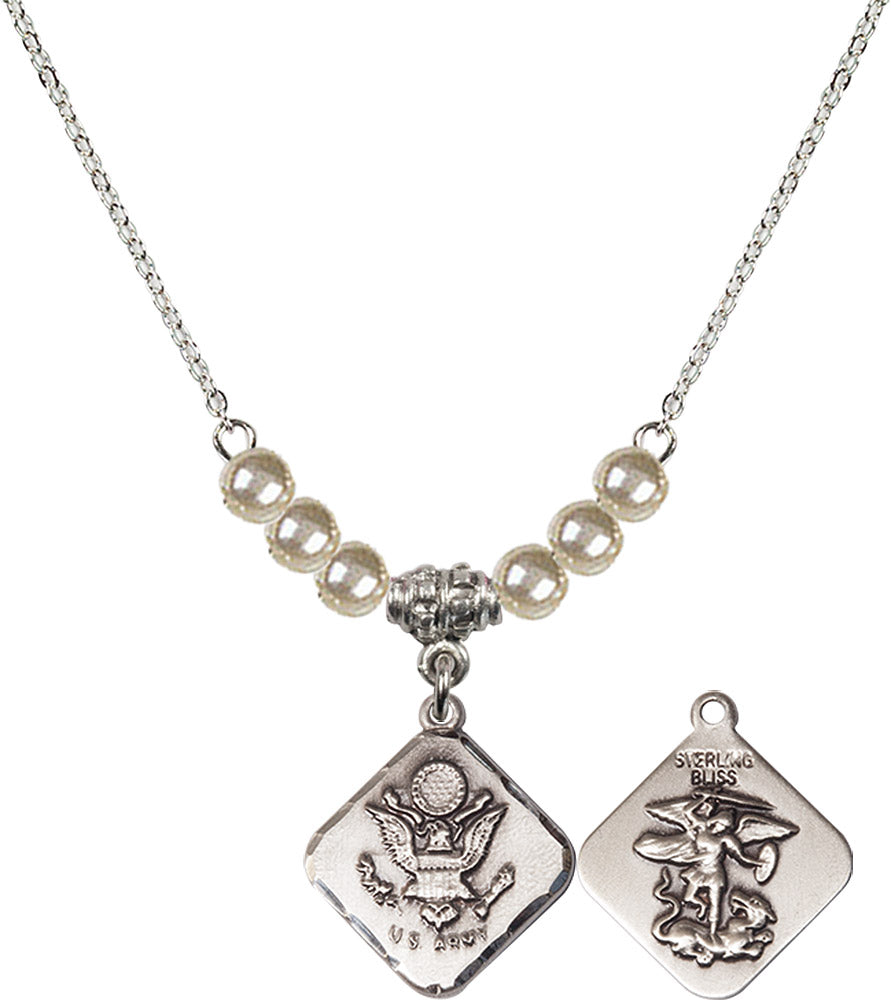 Sterling Silver Army Diamond Birthstone Necklace with Faux-Pearl Beads - 1180