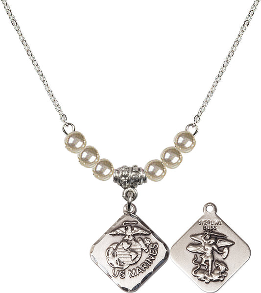Sterling Silver Marines Diamond Birthstone Necklace with Faux-Pearl Beads - 1180
