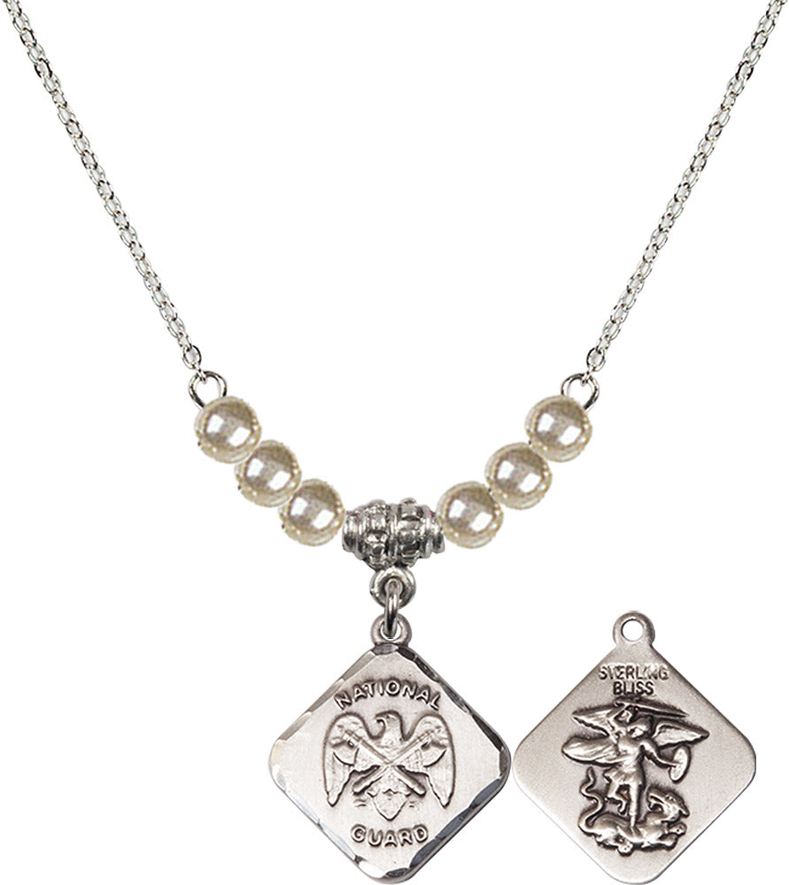 Sterling Silver Nat'l Guard Diamond Birthstone Necklace with Faux-Pearl Beads - 1180
