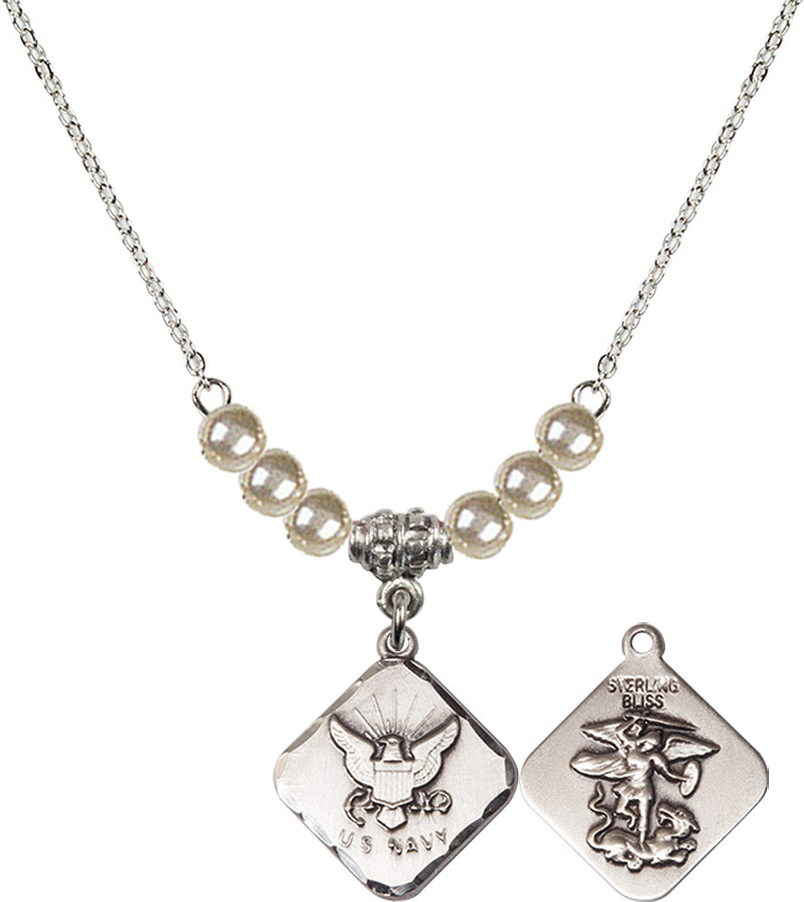 Sterling Silver Navy Diamond Birthstone Necklace with Faux-Pearl Beads - 1180
