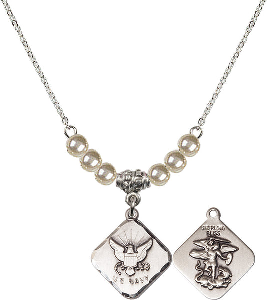 Sterling Silver Navy Diamond Birthstone Necklace with Faux-Pearl Beads - 1180
