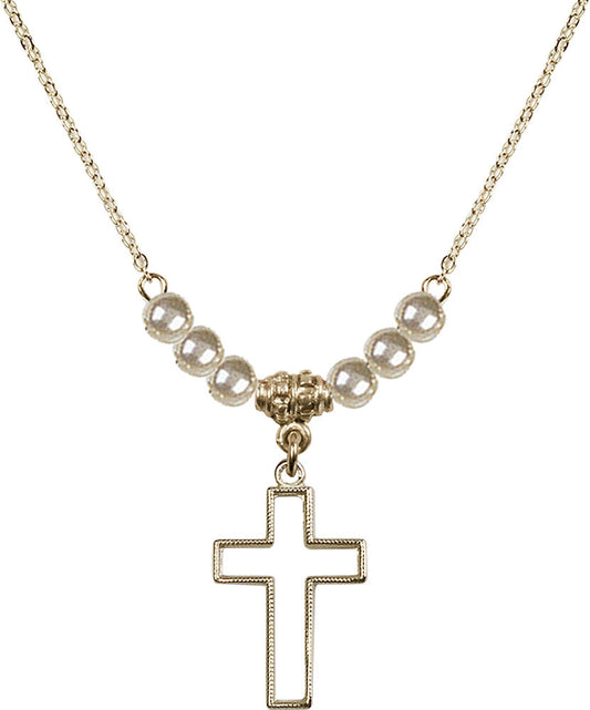 14kt Gold Filled Cross Birthstone Necklace with Faux-Pearl Beads - 1708
