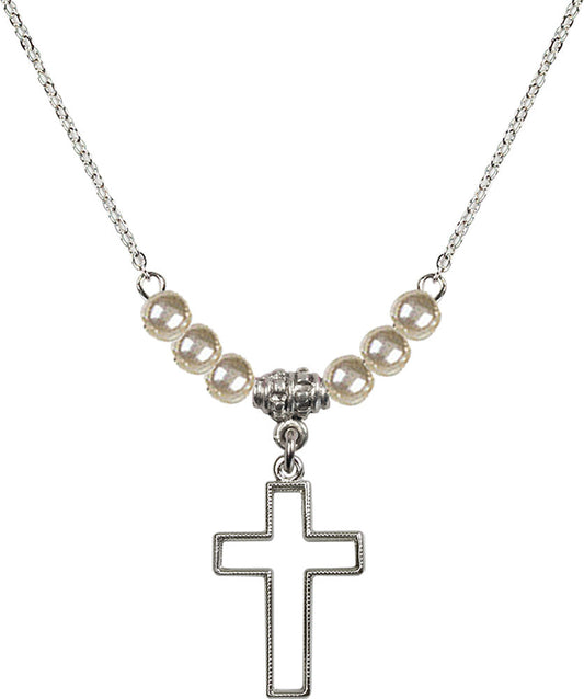 Sterling Silver Cross Birthstone Necklace with Faux-Pearl Beads - 1708