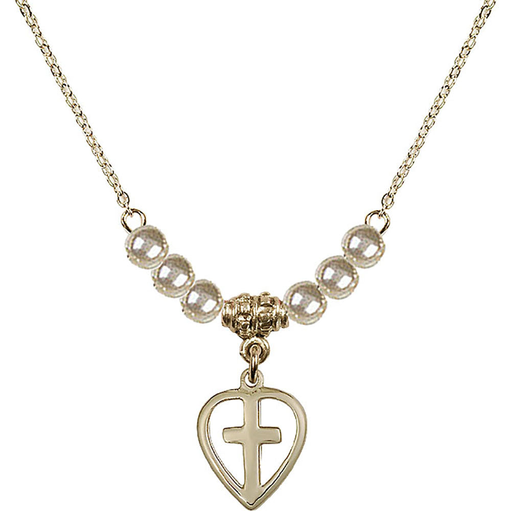 14kt Gold Filled Heart / Cross Birthstone Necklace with Faux-Pearl Beads - 1709