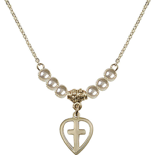 14kt Gold Filled Heart / Cross Birthstone Necklace with Faux-Pearl Beads - 1709
