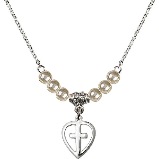 Sterling Silver Heart / Cross Birthstone Necklace with Faux-Pearl Beads - 1709