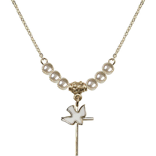 14kt Gold Filled Cross / Holy Spirit Birthstone Necklace with Faux-Pearl Beads - 1812