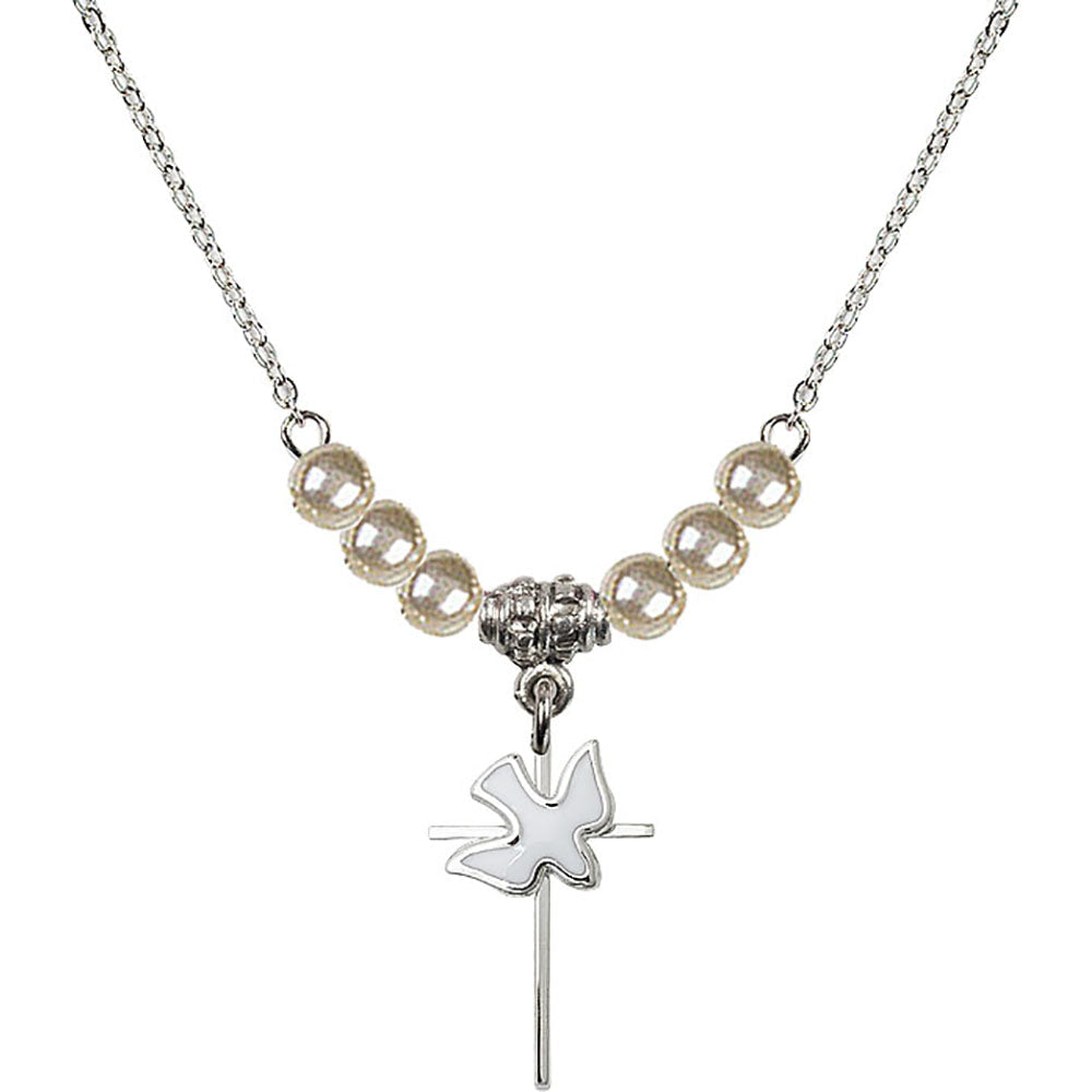 Sterling Silver Cross / Holy Spirit Birthstone Necklace with Faux-Pearl Beads - 1812