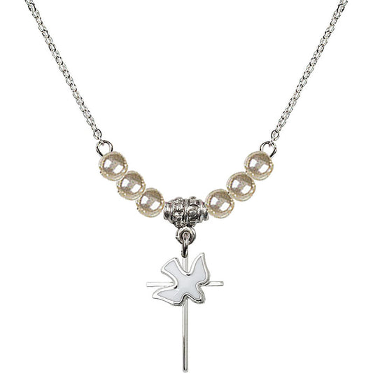 Sterling Silver Cross / Holy Spirit Birthstone Necklace with Faux-Pearl Beads - 1812