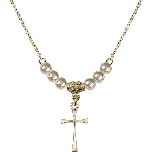 14kt Gold Filled Maltese Cross Birthstone Necklace with Faux-Pearl Beads - 1872
