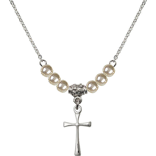 Sterling Silver Maltese Cross Birthstone Necklace with Faux-Pearl Beads - 1872