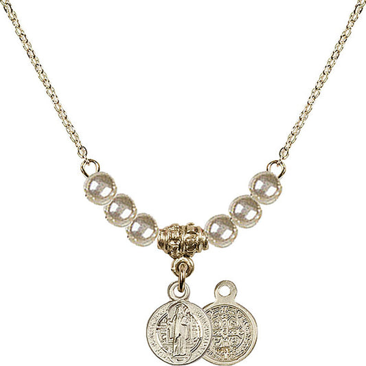 14kt Gold Filled Saint Benedict Birthstone Necklace with Faux-Pearl Beads - 2341