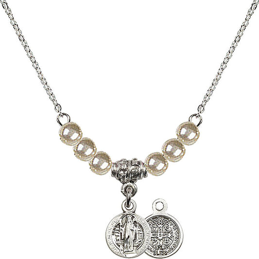 Sterling Silver Saint Benedict Birthstone Necklace with Faux-Pearl Beads - 2341