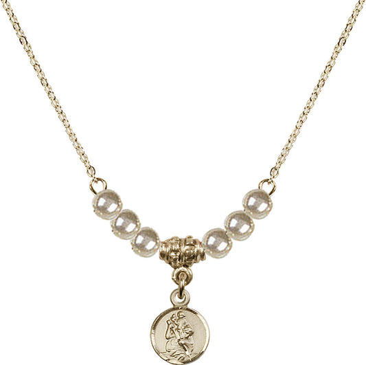 14kt Gold Filled Saint Christopher Birthstone Necklace with Faux-Pearl Beads - 2343