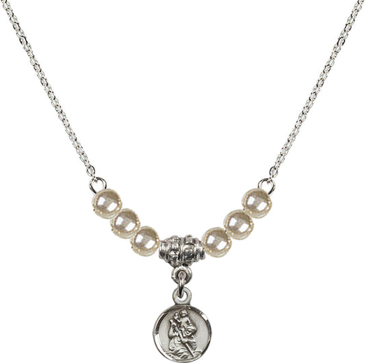 Sterling Silver Saint Christopher Birthstone Necklace with Faux-Pearl Beads - 2343