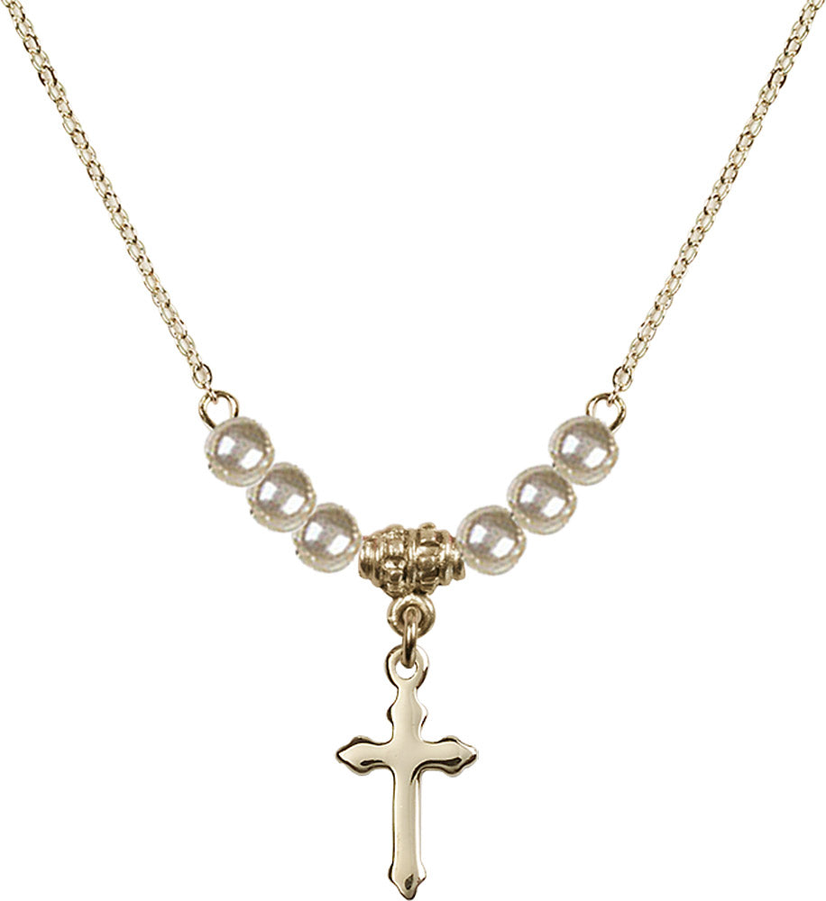 14kt Gold Filled Cross Birthstone Necklace with Faux-Pearl Beads - 2528
