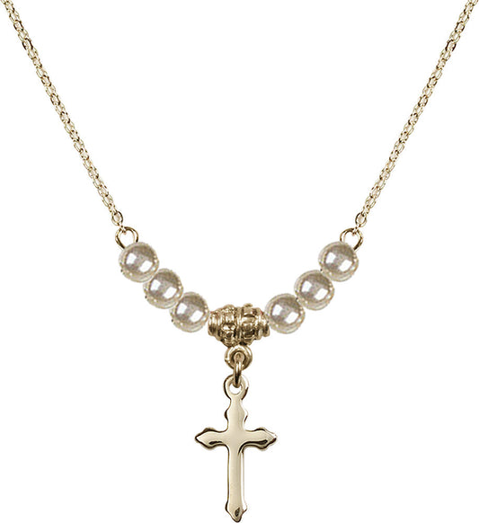 14kt Gold Filled Cross Birthstone Necklace with Faux-Pearl Beads - 2528