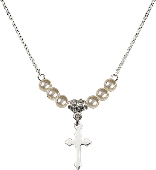Sterling Silver Cross Birthstone Necklace with Faux-Pearl Beads - 2528