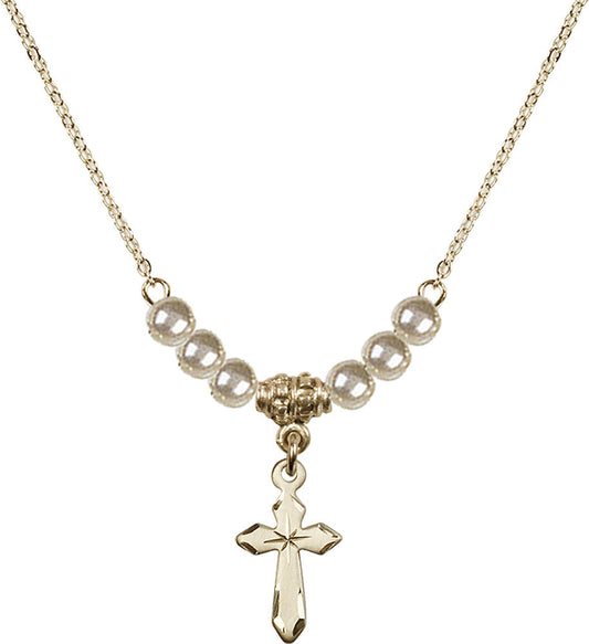 14kt Gold Filled Cross Birthstone Necklace with Faux-Pearl Beads - 2529