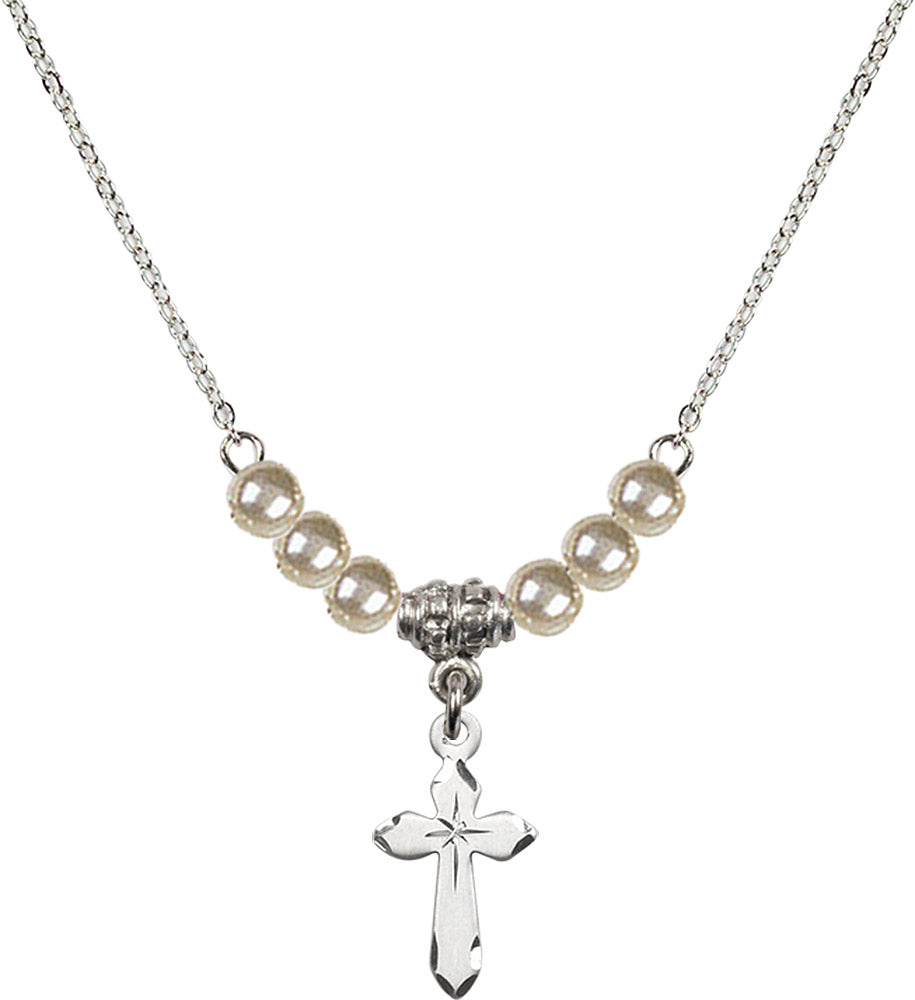 Sterling Silver Cross Birthstone Necklace with Faux-Pearl Beads - 2529