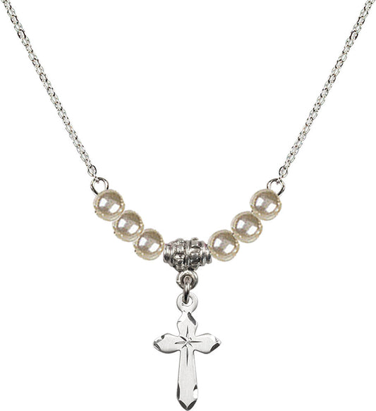 Sterling Silver Cross Birthstone Necklace with Faux-Pearl Beads - 2529
