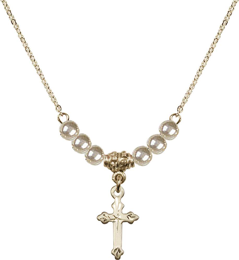14kt Gold Filled Cross Birthstone Necklace with Faux-Pearl Beads - 2531