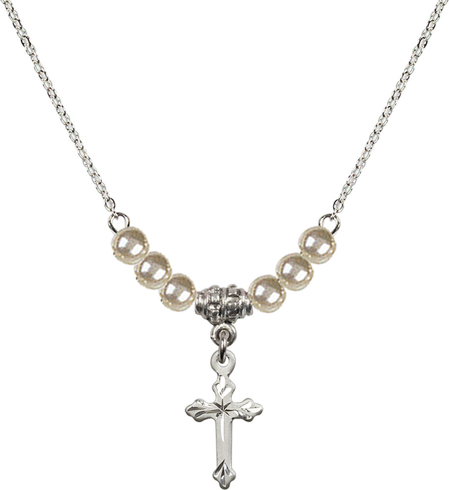 Sterling Silver Cross Birthstone Necklace with Faux-Pearl Beads - 2531
