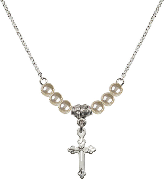 Sterling Silver Cross Birthstone Necklace with Faux-Pearl Beads - 2531