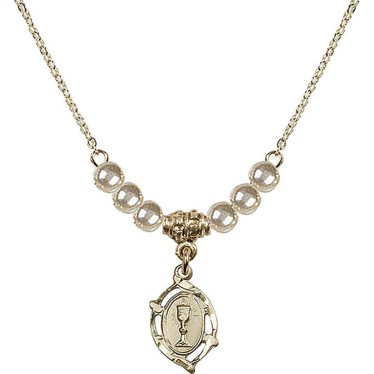 14kt Gold Filled Communion Birthstone Necklace with Faux-Pearl Beads - 3019