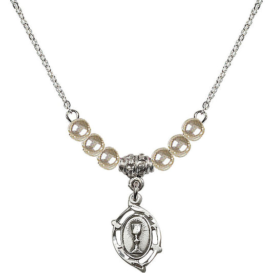 Sterling Silver Communion Birthstone Necklace with Faux-Pearl Beads - 3019