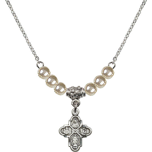 Sterling Silver 4-Way Birthstone Necklace with Faux-Pearl Beads - 3143