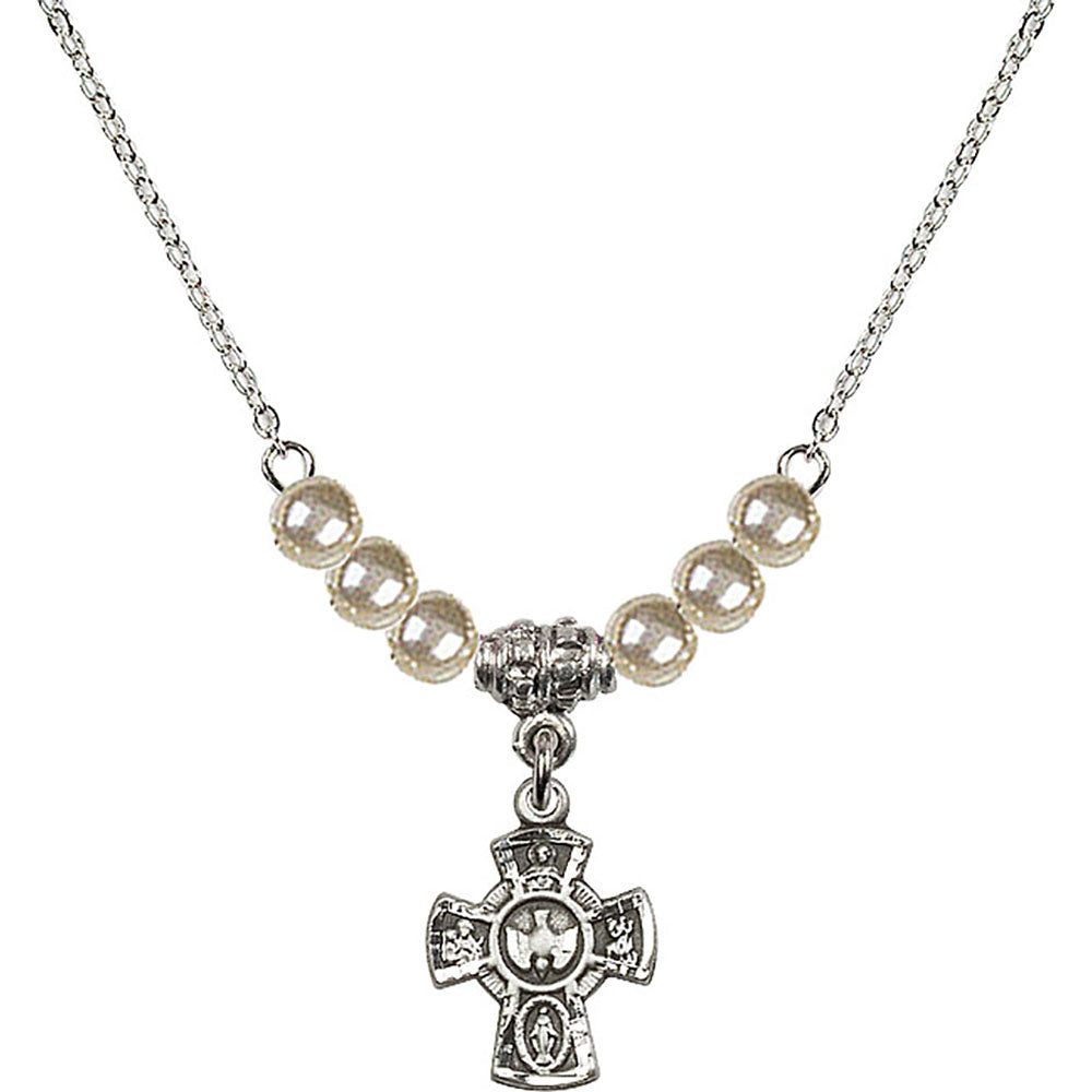 Sterling Silver 5-Way Birthstone Necklace with Faux-Pearl Beads - 3145