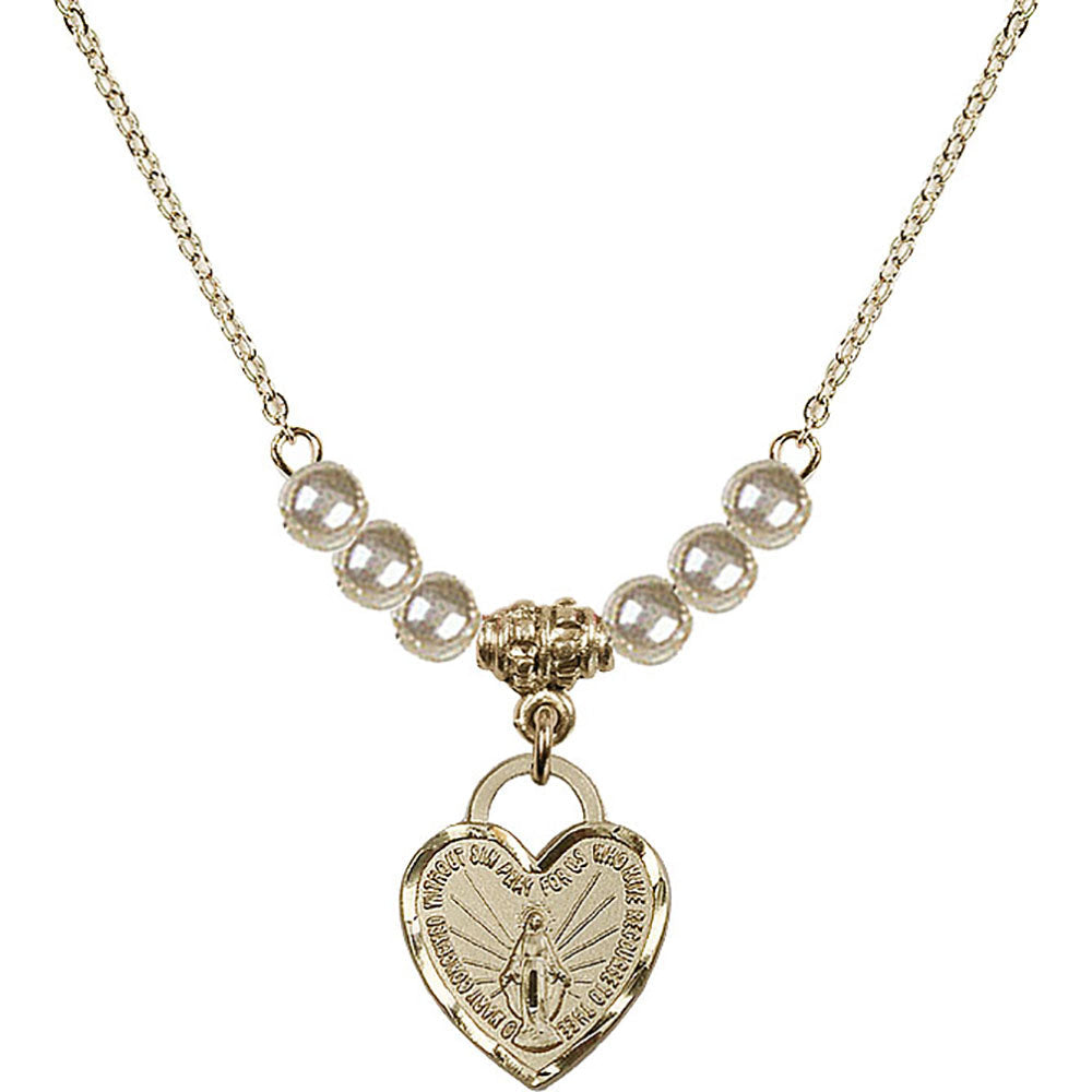 14kt Gold Filled Miraculous Heart Birthstone Necklace with Faux-Pearl Beads - 3401