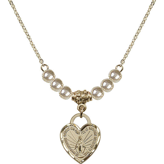 14kt Gold Filled Miraculous Heart Birthstone Necklace with Faux-Pearl Beads - 3401