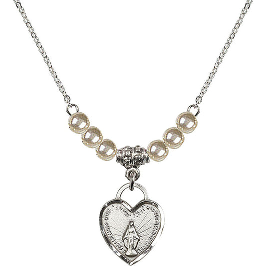 Sterling Silver Miraculous Heart Birthstone Necklace with Faux-Pearl Beads - 3401