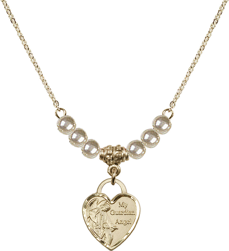 14kt Gold Filled Guardian Angel Heart Birthstone Necklace with Faux-Pearl Beads - 3402