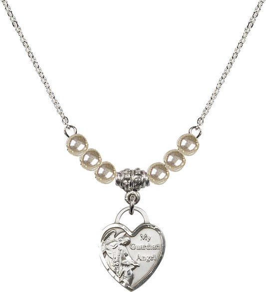 Sterling Silver Guardian Angel Heart Birthstone Necklace with Faux-Pearl Beads - 3402