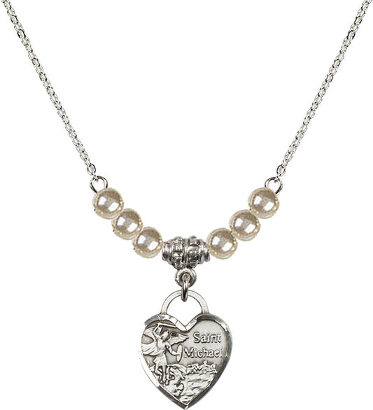 Sterling Silver Saint Michael Heart Birthstone Necklace with Faux-Pearl Beads - 3403
